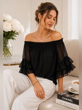 CeCe Ruched Neck Off-the-Shoulder Blouse Flutter Sleeve Black